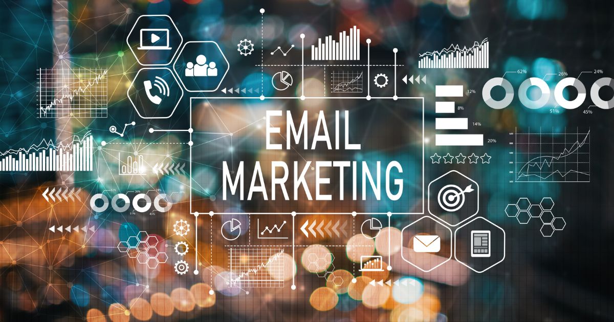 email marketing text with digital icons and charts