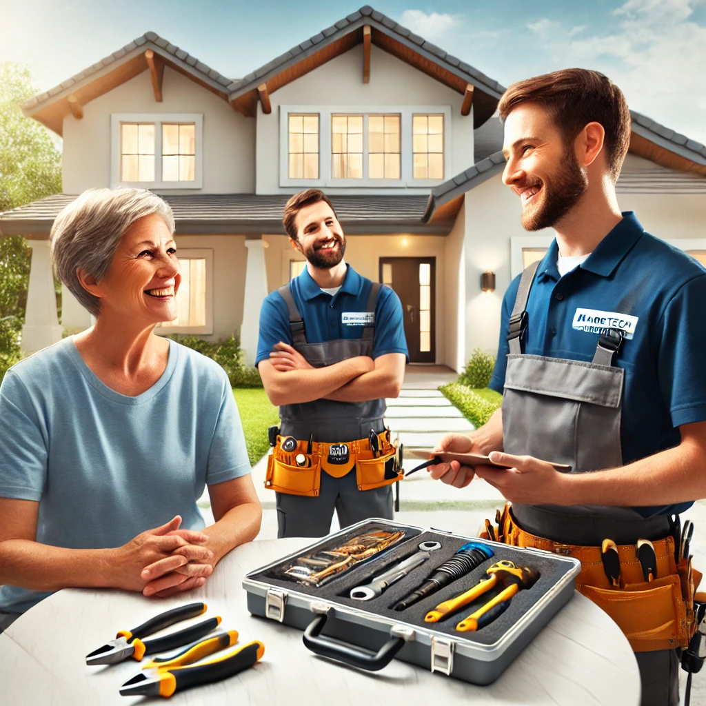 A professional home services team interacting politely with a happy customer in a modern suburban home setting.